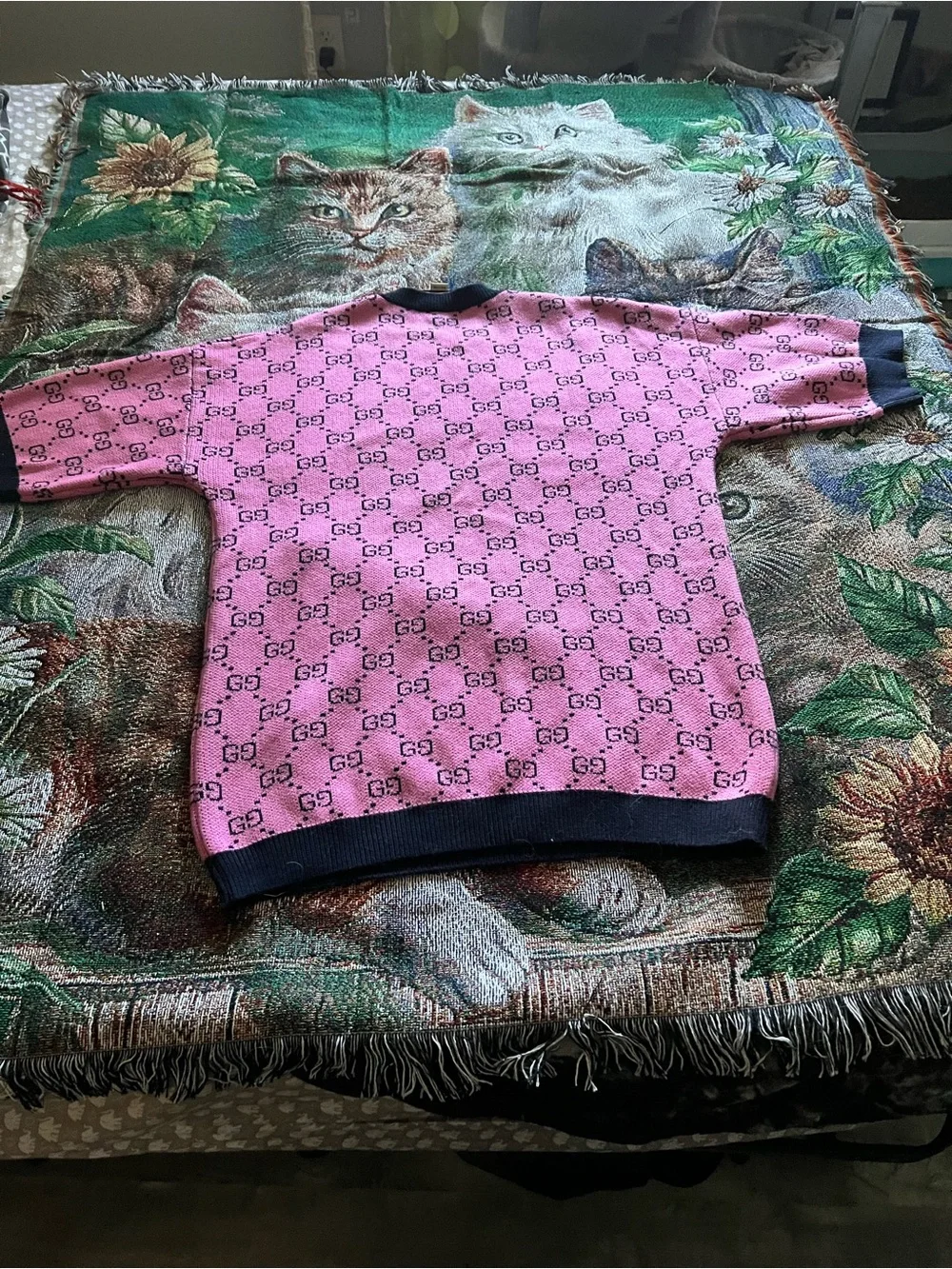 Gucci Pink GG Logo Crewneck Sweater with Navy Trim